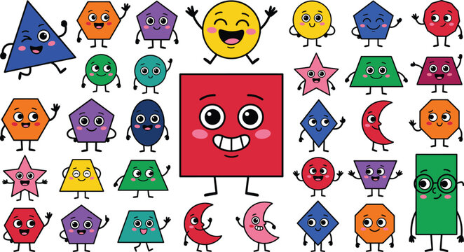 Vector cartoon collection of cute basic geometric shape characters with funny faces including square circle triangle star crescent and hexagon icons for kids education