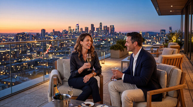 Elegant couple enjoys a romantic champagne toast on a luxurious rooftop terrace overlooking a sparkling city skyline at twilight, creating a memorable evening scene