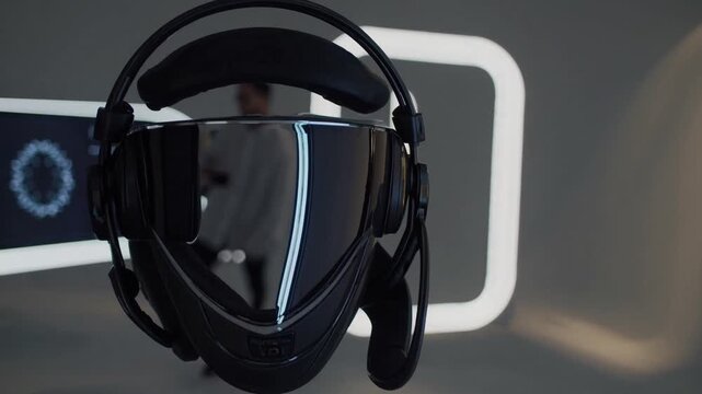 Sleek black headset floating midair, surrounded by holographic rings and neon interface, reflective visor mirrors ambient control room lighting, integrated microphone and earcup sensors visible.
