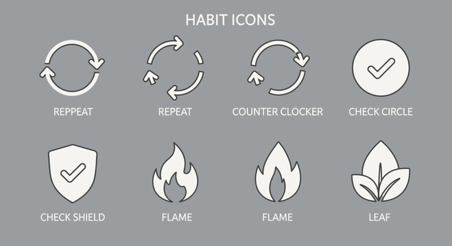 Minimalist habit and routine icons set on neutral grey background including repeat flame leaf