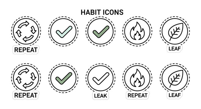 Minimalist habit icons for productivity and wellness tracking in circular badges