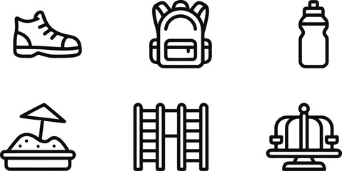 Fototapeta premium Kids outdoor activity and playground essentials line icons pack