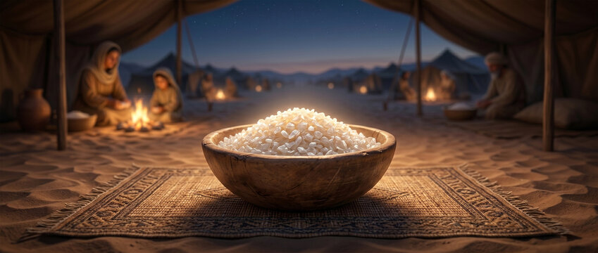 A minimalist, high-definition photograph focusing on a single wooden bowl filled exactly with an "omer" measure of white manna flakes. 