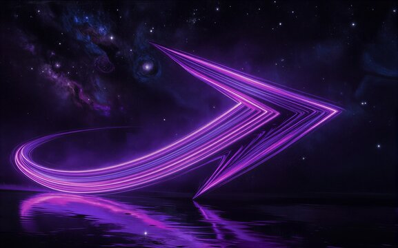 Purple light trails soar through starry sky, reflecting on dark water below.