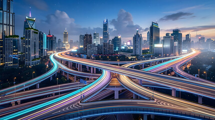 Fototapeta premium Modern city skyline with busy highway interchange at night with vibrant light trails from moving cars