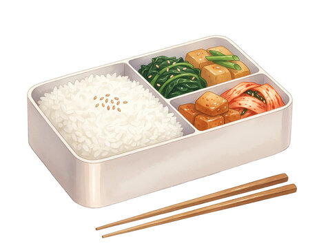 흰 쌀밥과 반찬이 담긴 도시락 일러스트. 한국 음식. 건강한 음식. illustration of a lunch box with white rice and side dishes. Korean food. Healthy food.