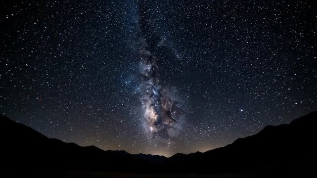 Under the night sky, mountains and brilliant starry sky, the Milky Way spans the starry sky, mountains and night