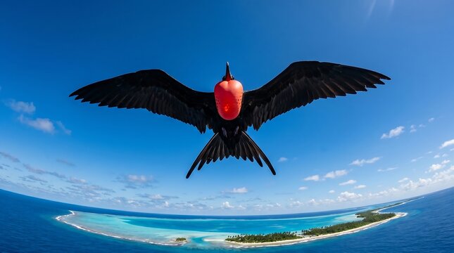 Male great frigatebird with red gular pouch soaring over tropical atoll with wide angle lens