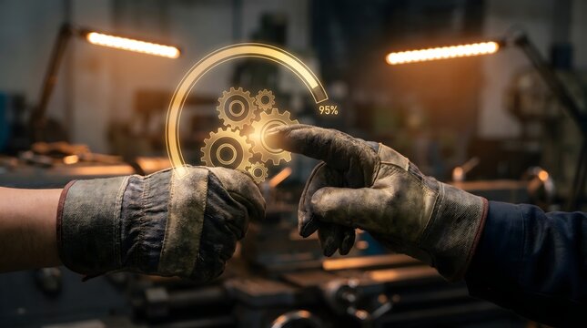 Two hands wearing industrial work gloves touching a glowing gear hologram with a progress bar in a factory.