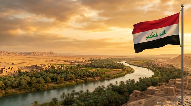 National flag of Iraq waving over a desert river valley landscape during warm golden sunset light