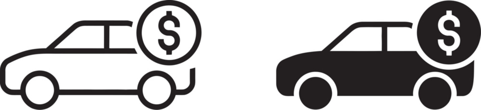 Car price comparison icon, black and white vector illustration featuring automobiles, dollar signs, pricing tags, cost evaluation, and vehicle value comparison symbols in a clean minimalist style 