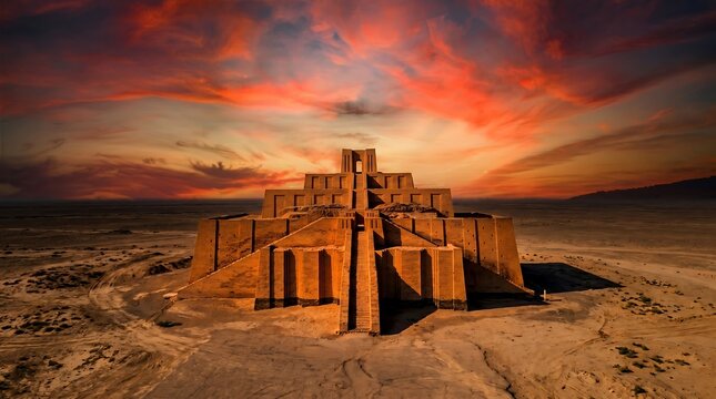 Symmetrical architectural shot of Great Ziggurat of Ur under dramatic fiery sunset sky in desert landscape