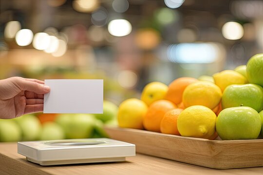 Hand holds blank card near fresh fruit display and scale