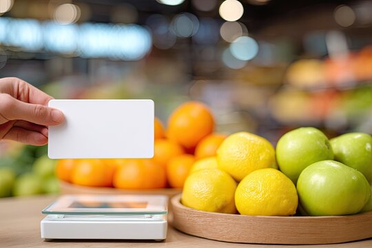 Hand holds blank card over scale next to fresh fruit display
