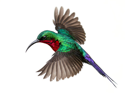 Hyper-Detailed Close-Up of a Sunbird in Hovering Flight on White Background