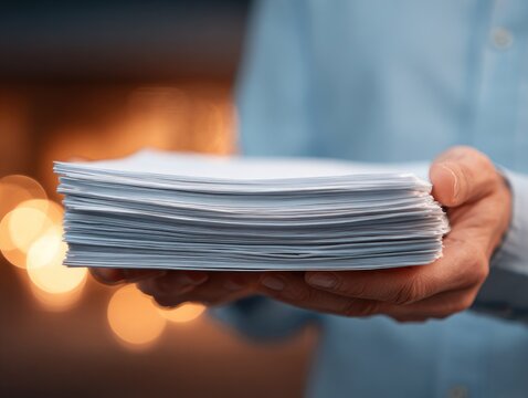 Hands hold a thick stack of blank white paper, softly blurred background