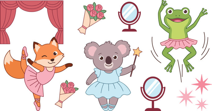 Vector cartoon collection of cute ballet animal characters featuring ballerina fox koala bear and frog wearing tutus dancing on stage with mirror and flowers bouquet elements