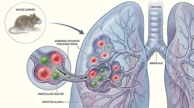 Medical illustration: Lung alveoli infection, airborne pathogen, mouse carrier concept