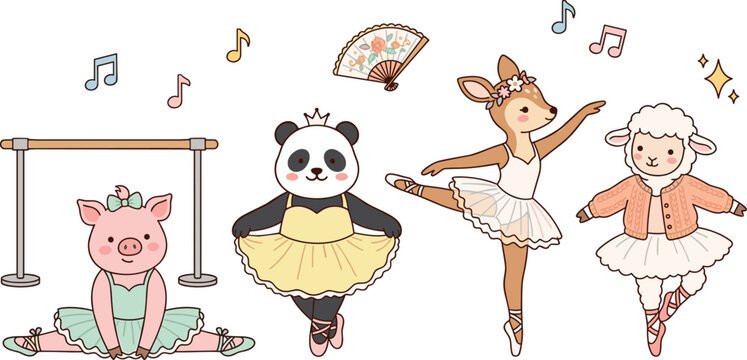 Vector cartoon collection of cute ballet animal characters featuring ballerina pig panda fawn deer and sheep wearing tutus dancing near barre for kids illustration design