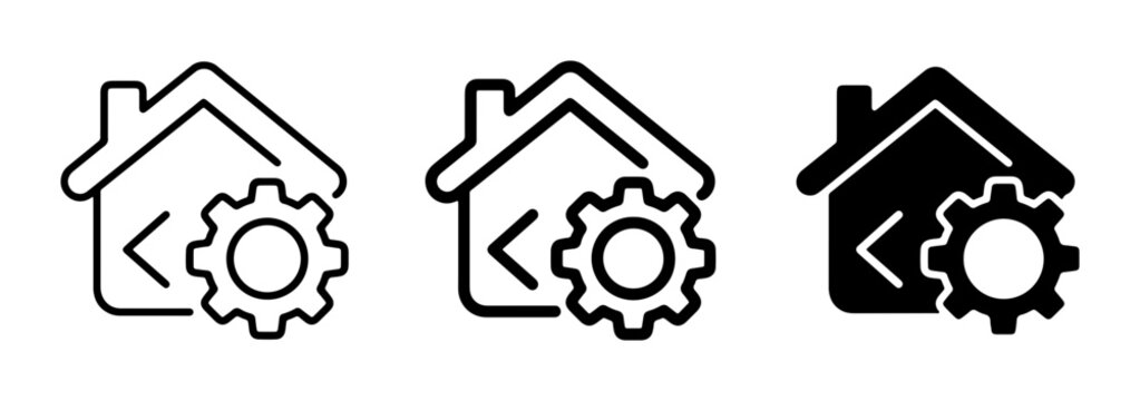Home Settings Icons, Web Development & Coding Symbols, House Configuration & Gear Graphics, Digital Technology & Software Tools