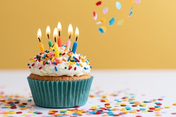 Obraz premium The Birthday Cupcake with Lit Candles and Colorful Sprinkles for Celebration Joy