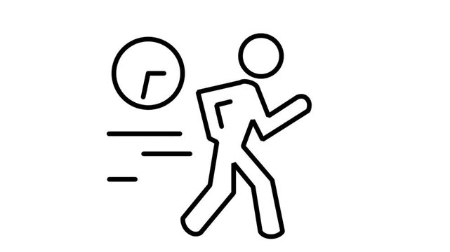 Running Businessman Time Urgency Animated Icon. Animated line icon of a businessman running next to a clock representing time management, speed, deadline, and work urgency.
