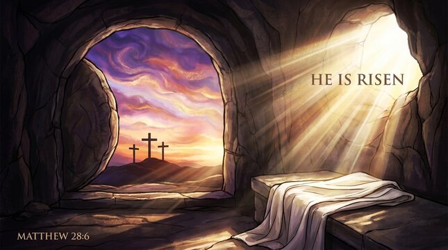 He Is Risen Matthew 28:6 Easter Illustration of the Empty Tomb of Jesus with Three Crosses at Sunset, Bible Verse Poster