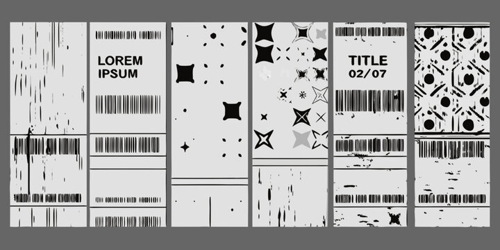 Brutalist poster templates with barcodes and geometric shapes monochrome