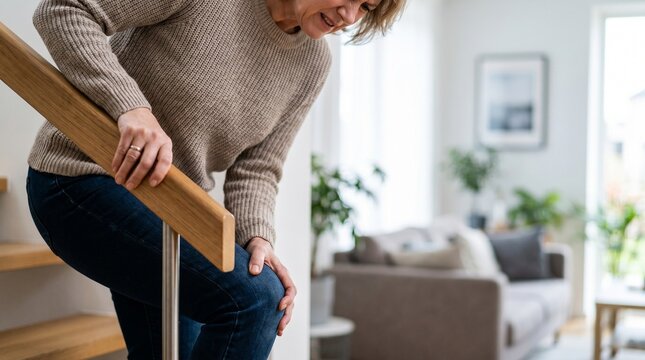 Senior woman holding her painful knee while climbing up stairs at home suffering from osteoarthritis joint inflammation and mobility problem