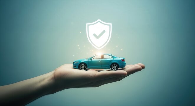 Hand holding a blue toy car under a glowing shield with a checkmark, symbolizing car insurance and protection.
