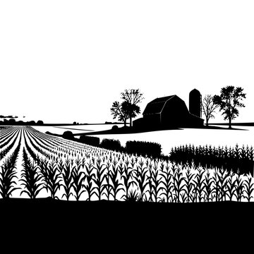 Black and White Farm Landscape with Cornfield and Barn Silhouette