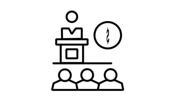 Business Conference Financial Presentation Animated Icon. Animated line icon showing a speaker at a podium addressing an audience next to a financial dollar coin symbol.