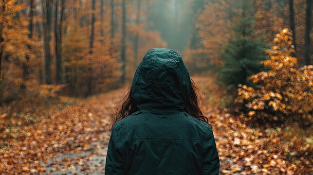 Person in hooded jacket walks down a leaf-covered path in autumn forest