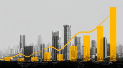 Obraz premium Urban skyline with business growth chart, development graphics emphasizing progress and success in modern city landscape with bright yellow accents