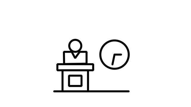Solo Presenter Time Management Podium Animated Icon. Animated line icon featuring a single speaker standing at a podium next to a clock representing business speech scheduling.