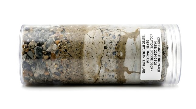 Geological core sample in plastic tube, soil and concrete layers for civil engineering analysis, geotechnical bridge deck inspection specimen