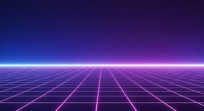 Abstract digital grid perspective in neon purple light with perspective abstract technology background geometric structure infinite dimension synthwave