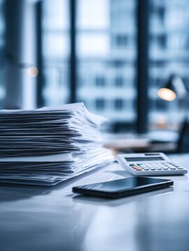 Stack of papers next to calculator and smartphone on a desk
