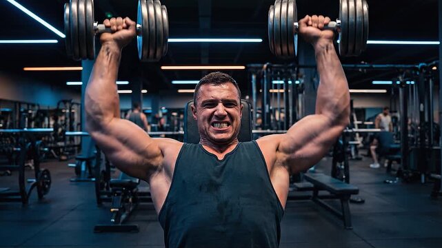 Muscular man lifting heavy dumbbells in a gym, showing strength training, bodybuilding, fitness motivation, and intense workout performance.