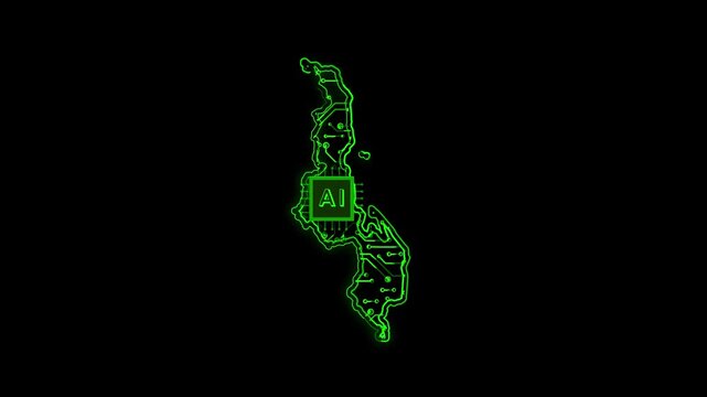 Malawi Country Map Chipset Technology Opener, Suitable for Tech Events, Science Programs, News and Artificial Intelligence Presentations