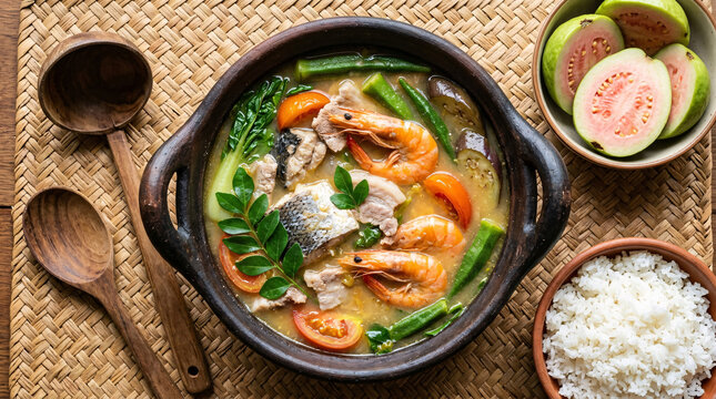 Traditional Filipino sinigang soup with shrimp, fish, pork, vegetables, guava, and rice served in clay bowls on a woven mat