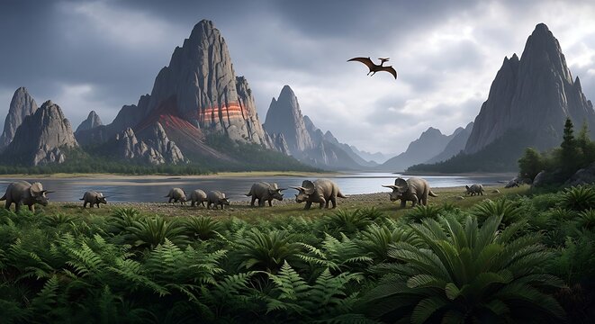 Prehistoric Landscape with Dinosaurs and Pterodactyls in a Lush Valley.