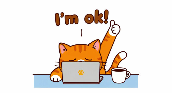 Cute ginger cat at a laptop giving a thumbs up while feeling exhausted. Tired kitten shows resilience with I'm ok text. Burnout concept for mental health and office humor marketing.