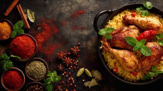 Savory Chicken Biryani with Spices and Herbs on a Dark Rustic Background showcasing Aromatic Ingredients and Flavorful Presentation