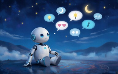 Fototapeta premium Cute robot sits under stars, dreaming of ideas, love, and keys to unlock possibilities.