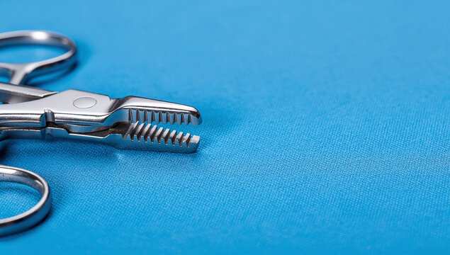 Close up of stainless steel medical forceps tool on blue textured background