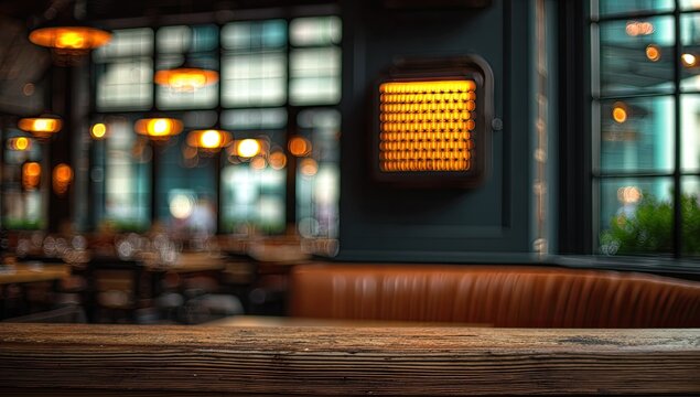 Cozy interior of a restaurant with warm lighting and wooden table foreground