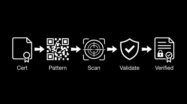 Certificate authentication workflow process with qr code scan validation