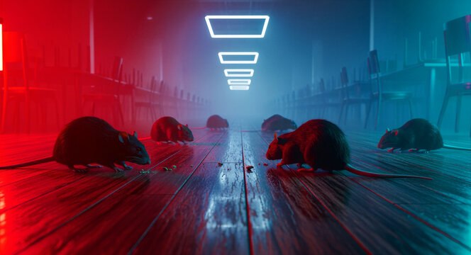 Rats scurrying on a wooden floor in a dark room with neon lighting. Rodents infesting a restaurant interior under red and blue cinematic light. Pest control and hygiene failure concept for marketing.