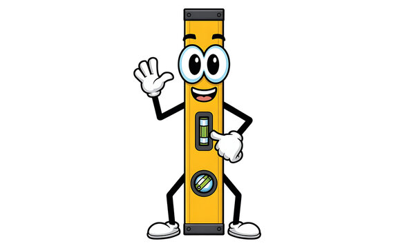 Cartoon level tool character waving construction mascot illustration
